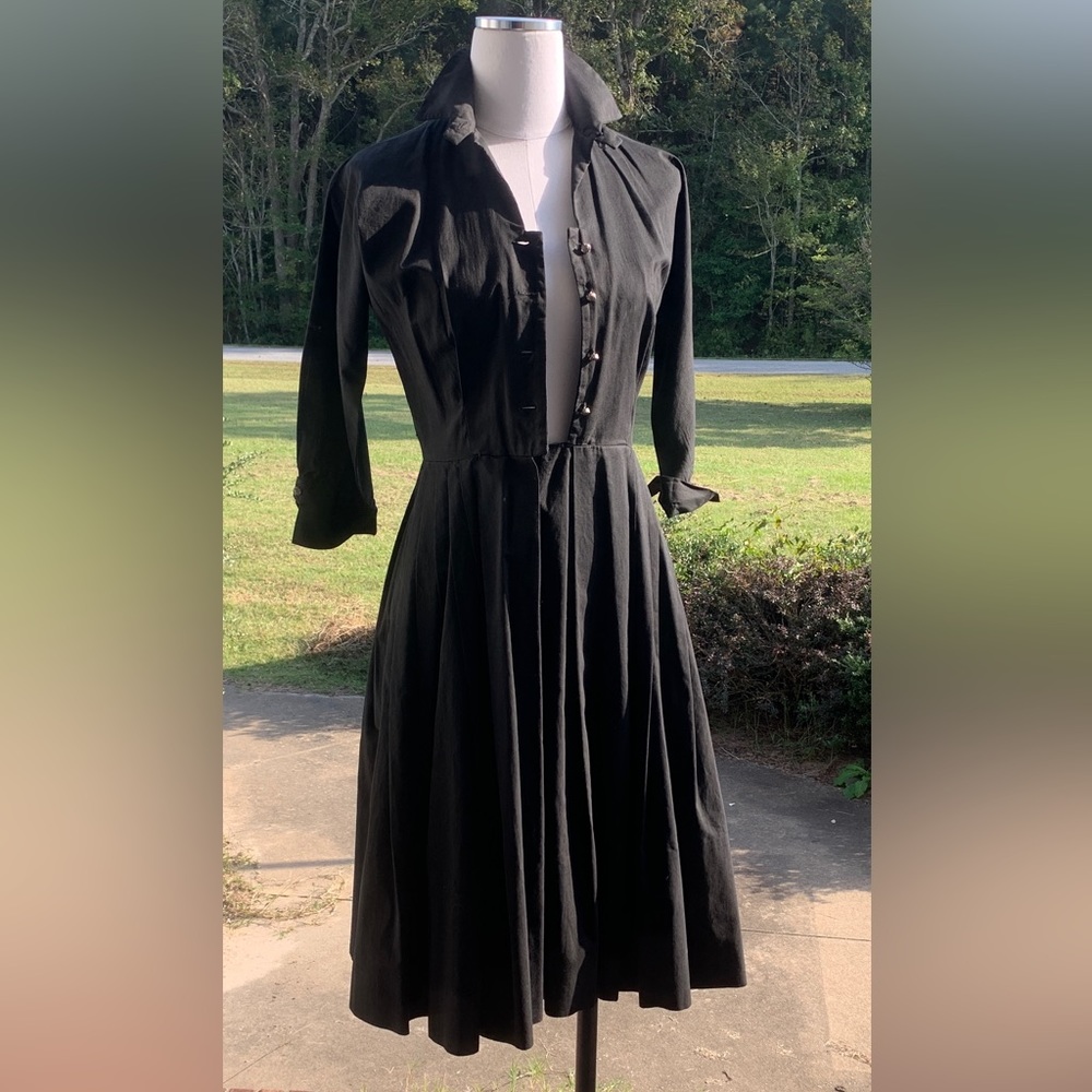 1950s Shirtwaist Dress, Black, XS, Rhinestone Buttons, Vintage Full Skirt